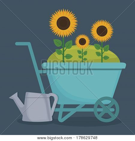 wheelbarrow with flowers and watercan icon over blue background. colorful design. vector illustration