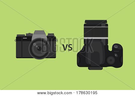 comparing Mirrorless camera vs DSLR camera picture illustration with black color and green background vector