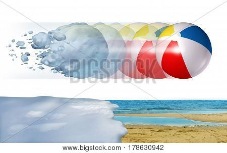 Cold to hot weather concept as a freezing winter snowball transforming into a summer beach ball as a season change or temperature changing metaphor with 3D illustration elements.