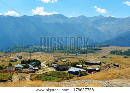 View On Mountains And Omalo Village. Georgia