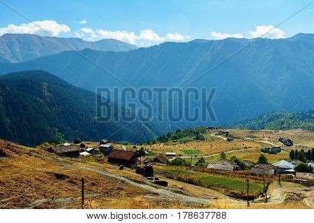 View On Mountains And Omalo Village. Georgia