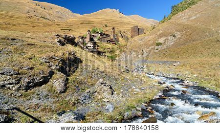 Old Village Dartlo On River In Tusheti Nature Reserve. Georgia