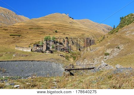 Old Village Dartlo On River In Tusheti Nature Reserve. Georgia