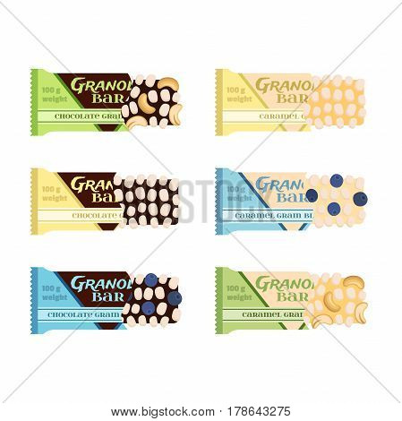Granola bars. Chocolate, caramel with grain, berries, nuts. Protein sport bars. Flat vector style.