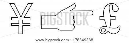 Vector linear icon with a picture of the hand with an extended index finger indicating the exchange of the yen to the pound.