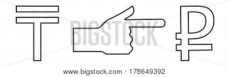 Vector linear icon with a hand image with an extended index finger indicating the exchange of tenge against ruble.