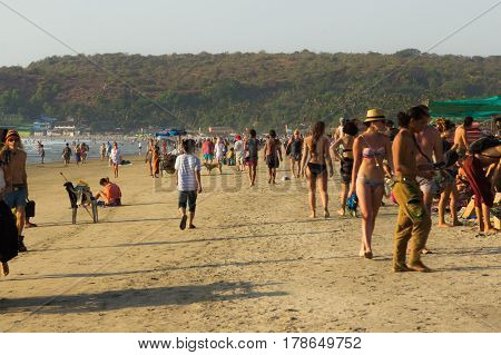 Arambol Beach, Goa, India - February 23, 2017: Flea Market On Arambol Beach At Sunset In Goa, India