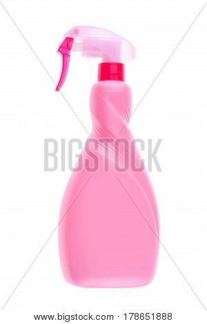 Pink plastic foggy spray bottle isolated on white background