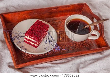 Breakfast In Bed. Cup, Coffee, Red, Velvet, Cake