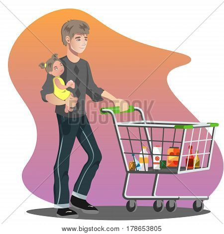Father with daughter and shopping cart. Family shopping isolated