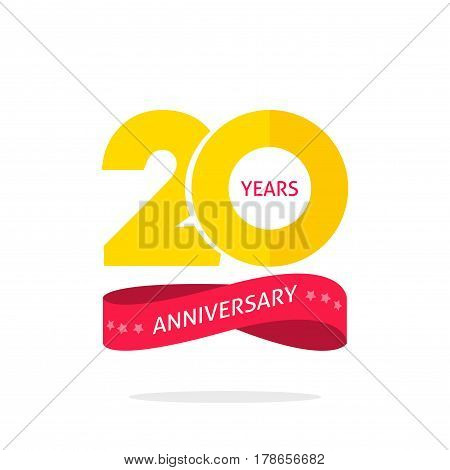 20 years anniversary logo template isolated on white, 20th anniversary icon label with ribbon, twenty year birthday symbol isolated on white background