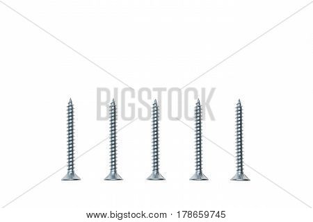 row of silver metal screws isolated on white background