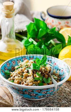 Rice Lentil and Chickpea Salad with Herbs.selective focus