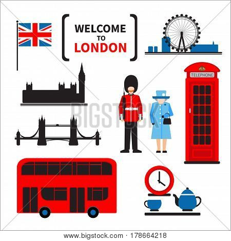 London symbols set isolated on white background. Design elements for flyers or posters and etc. Flat design.
