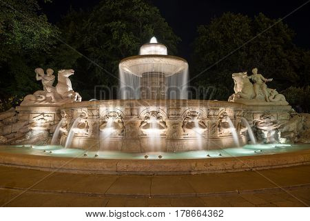 The famous fountain Wittelsbach at night. Munich Bavaria Germany