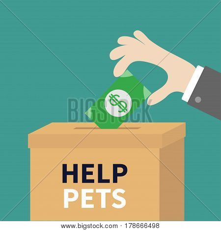 Human hand putting paper money bill with dollar sign into donation paper cardboard box. Helping hands concept. Donate and help pets animals. Flat design style. Green background. Vector illustration.
