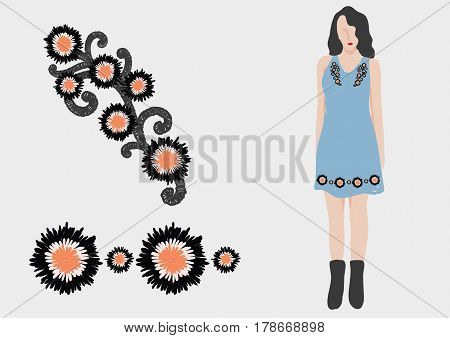 Abstract Black and orange flower embroidery design for girl dress. Stock Vector