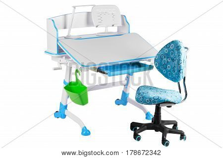 Blue chair blue school table green basket and desk lamp on the white isolated background.