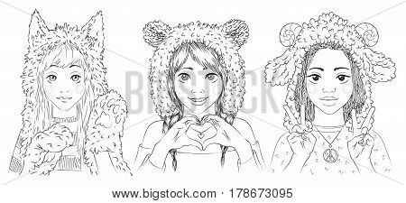 Portraits of cute young women in animal hats. Girl in cat hat and paw gloves. Girl in bear hat making heart sign by her hands. Girl in sheep hat showing peace sign. Vector illustration in hand drawn sketch style for your design, website and prints.