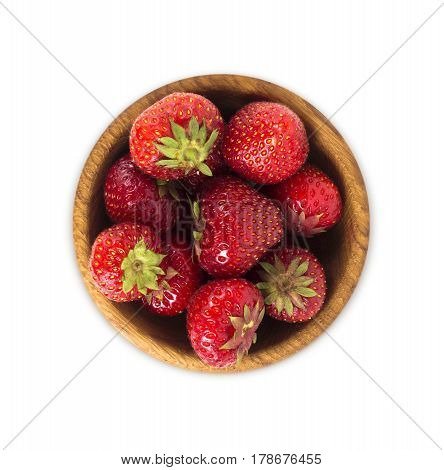 bowl with strawberries isolated on white background. Ripe strawberries close-up. Background berry. Sweet and juicy berry with copy space for text. Top view.