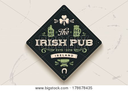 Coaster for beer with hand-drawn lettering Beer. Vintage drawing for bar, pub and beer themes. Balck circle for placing beer mug and bottle over it with lettering. Vector Illustration