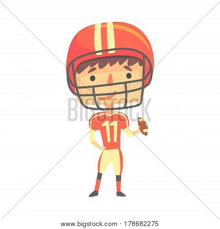Boy American Football Player, Kids Future Dream Professional Occupation Illustration. Smiling Child Spotrsman Carton Character Cute Vector Drawing.. Rugby Sport Element Or Inventory Flat Vector Icon.