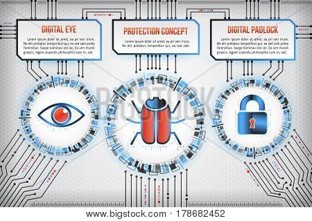 Digital technology concept of background with hacker bug eye and padlock. Circuit board background. Hi-tech electronic wires. Abstract information security. Modern safety digital background.