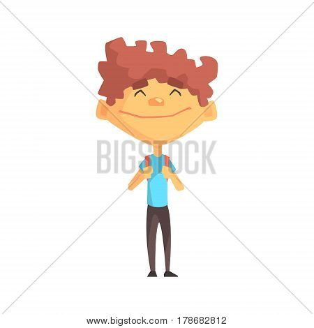 Curly Boy In Blue T-shirt Smiling, Primary School Kid, Elementary Class Member, Isolated Young Student Character. Elementary School Scholar On School Trip Flat Cartoon Illustration With Child.