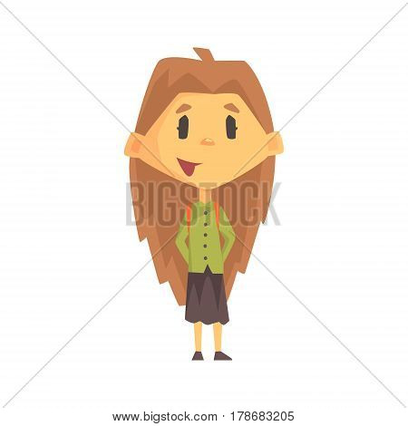 Girl With Long Brown Hair Smiling, Primary School Kid, Elementary Class Member, Isolated Young Student Character. Elementary School Scholar On School Trip Flat Cartoon Illustration With Child.