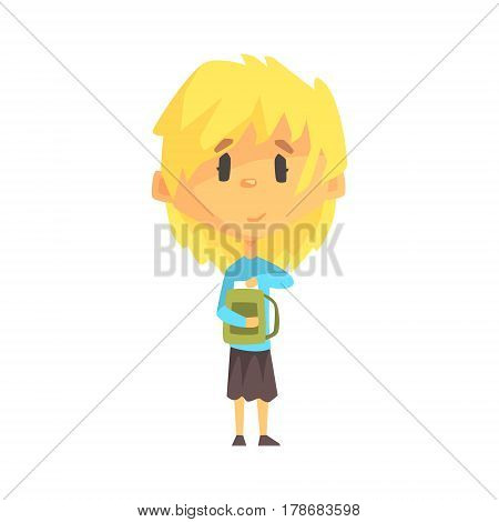 Girl With Short Blond Hair And Backpack, Primary School Kid, Elementary Class Member, Isolated Young Student Character. Elementary School Scholar On School Trip Flat Cartoon Illustration With Child.