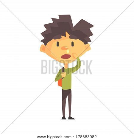 Boy In Green Sweater With Running Nose, Primary School Kid, Elementary Class Member, Isolated Young Student Character. Elementary School Scholar On School Trip Flat Cartoon Illustration With Child.