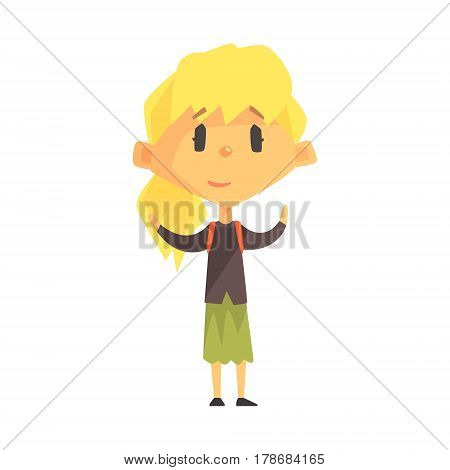 Calm Blond Girl With Ponytail, Primary School Kid, Elementary Class Member, Isolated Young Student Character. Elementary School Scholar On School Trip Flat Cartoon Illustration With Child.