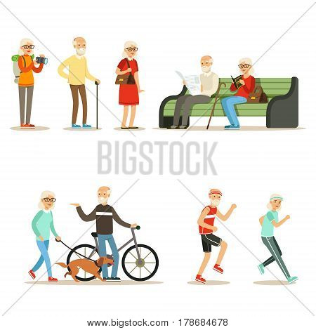 Old People Living Full Live And Enjoying Their Hobbies And Leisure Collection Of Smiling Elderly Cartoon Characters. Happy Grandparents Scenes With Grandpa And Granma Having Fun.