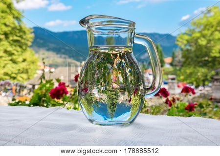 Traditional jug of water on a table. Metsovo Epirus Greece
