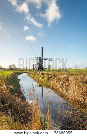 Landscape in the Netherlands with a historic wooden hollow post mill and a narrow stream with a reflecting water surface. It's a sunny day in autumn and the reed plants are yellowed. On the stationary sails of the mill black birds are resting.