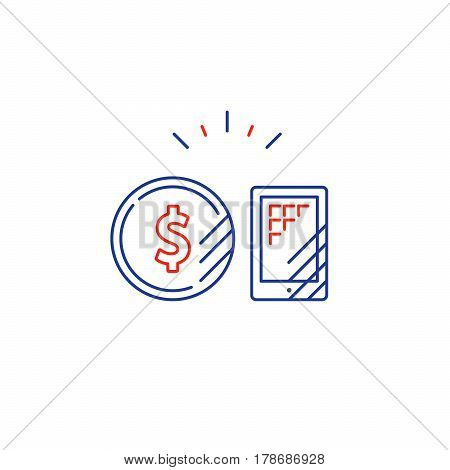 Smartphone banking app, mobile phone, finance logo, mono line vector illustration