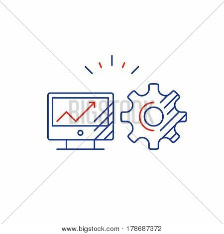 Desk top computer screen mono line icon, online business concept, web site design, internet technology vector