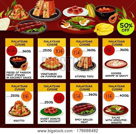 Malaysian cuisine restaurant menu template. Asian food special offer flyer with text layouts and seafood risotto, fried rice, grilled meat, fish salad, papaya soup, stuffed tofu and donut dishes