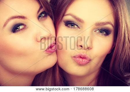 Family relationships friendship concept.Two beautiful women sisters having fun making duckface sending air kisses