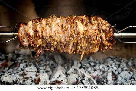 Making Home Made Cag Kebab Gyros With Fire And Charcoal.