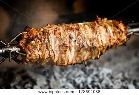 Making Home Made Cag Kebab Gyros With Fire And Charcoal.