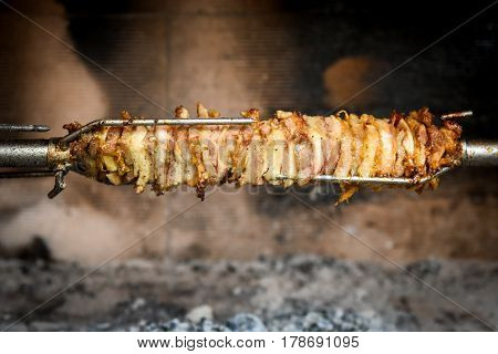 Making Home Made Cag Kebab Gyros With Fire And Charcoal.