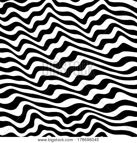 Vector monochrome texture, black & white seamless pattern with abstract curved lines. Visual effect of 3D surface, illusive background. Dynamical rippled wavy stripes. Stylish design, pop art style