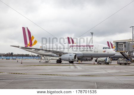 COLOGNE GERMANY - MAR 9 2017: GermanWings Airbus A319-100 at the gate of Cologne Airport Germany