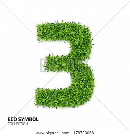 Grass number Three isolated on white background. Symbol 3 with the green lawn texture. Eco symbol collection. Vector illustration