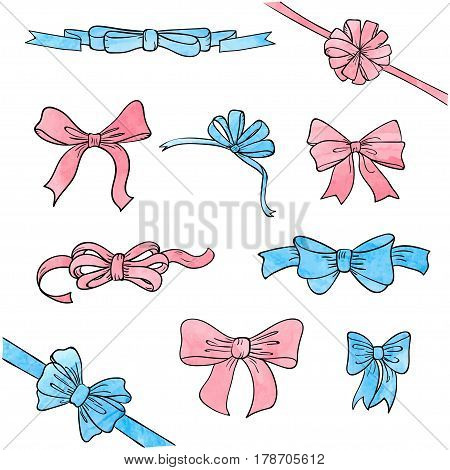 Set of pink and bluebows isolated on white. Vector bow and ribbons for your design.