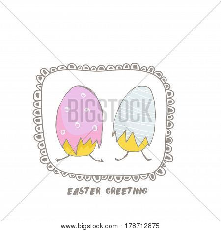 Easter greeting background with two hand drawn cute eggs. Vactor Illustration