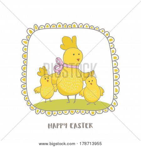 Happy Easter greeting background with cute Mommy chicken and little chicks. Hand drawn vector Illustration.