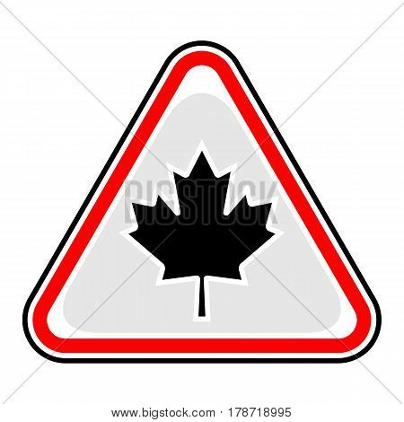 Use it in all your designs. Red and black triangular sticker with canadian maple leaf sign. Triangle hazard warning danger symbol. Quick and easy recolorable vector illustration