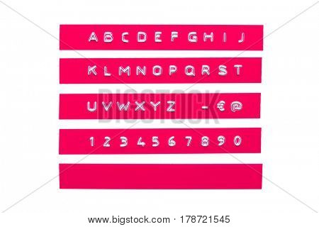 embossed alphabet on pink plastic tape, isolated on white